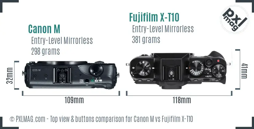Canon M vs Fujifilm X-T10 top view buttons comparison