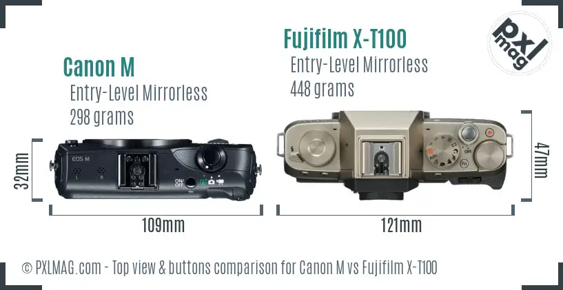 Canon M vs Fujifilm X-T100 top view buttons comparison