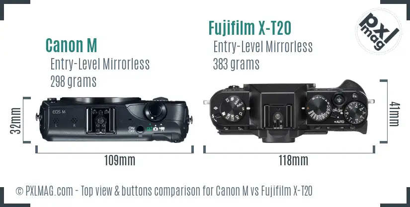 Canon M vs Fujifilm X-T20 top view buttons comparison Canon M vs Fujifilm X-T20 top view buttons comparison