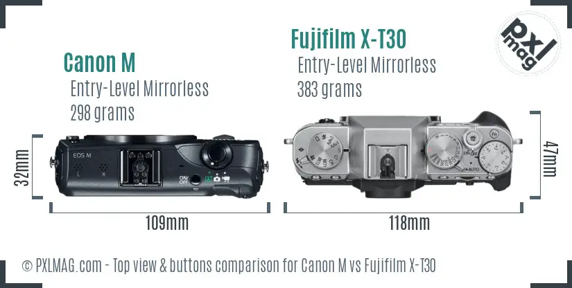 Canon M vs Fujifilm X-T30 top view buttons comparison
