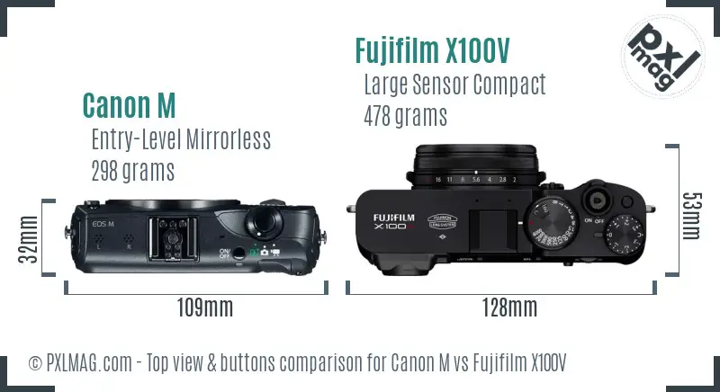 Canon M vs Fujifilm X100V top view buttons comparison