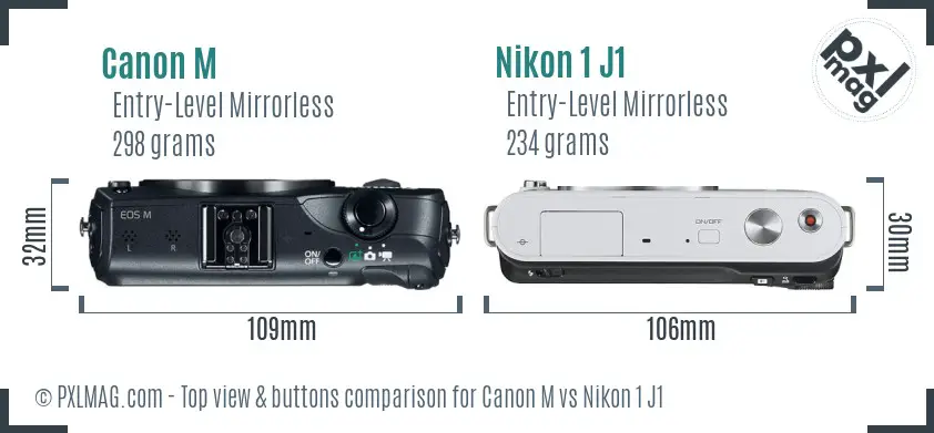 Canon M vs Nikon 1 J1 top view buttons comparison