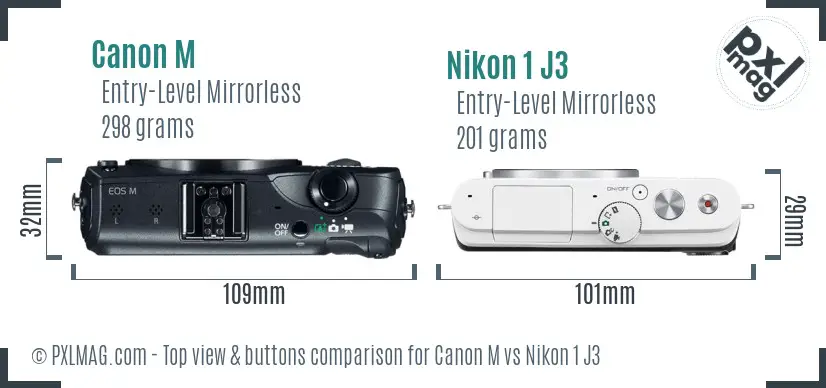 Canon M vs Nikon 1 J3 top view buttons comparison