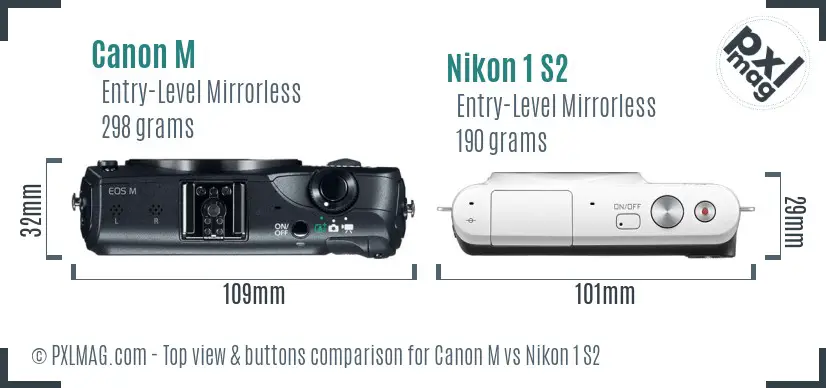 Canon M vs Nikon 1 S2 top view buttons comparison Canon M vs Nikon 1 S2 top view buttons comparison