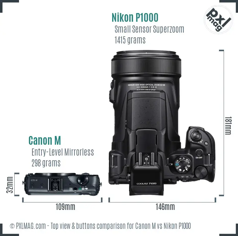 Canon M vs Nikon P1000 top view buttons comparison Canon M vs Nikon P1000 top view buttons comparison