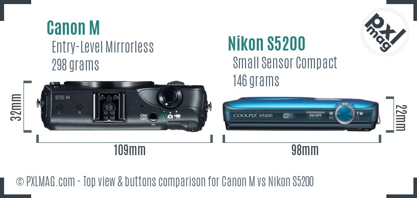 Canon M vs Nikon S5200 top view buttons comparison