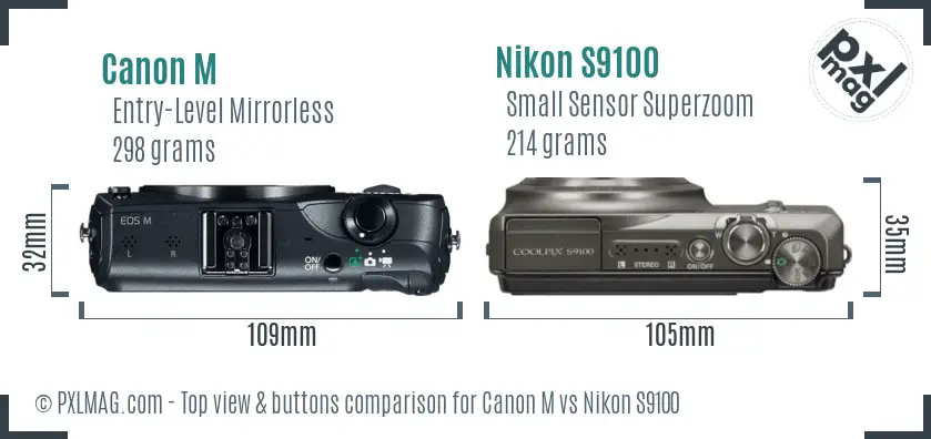 Canon M vs Nikon S9100 top view buttons comparison