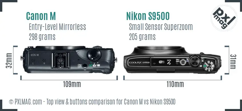 Canon M vs Nikon S9500 top view buttons comparison