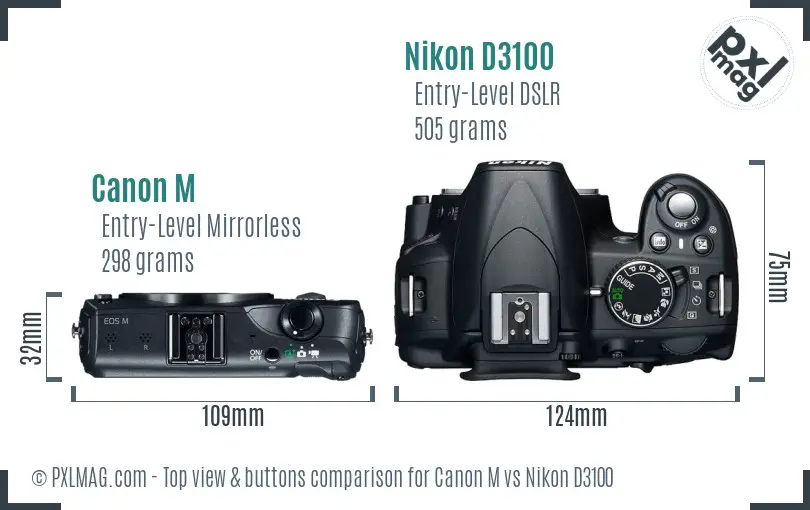 Canon M vs Nikon D3100 top view buttons comparison