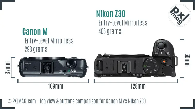 Canon M vs Nikon Z30 top view buttons comparison