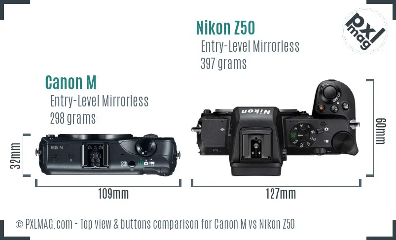 Canon M vs Nikon Z50 top view buttons comparison Canon M vs Nikon Z50 top view buttons comparison