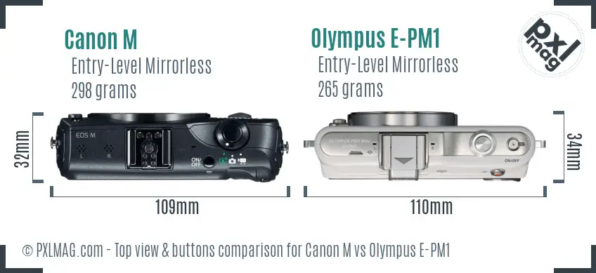 Canon M vs Olympus E-PM1 top view buttons comparison