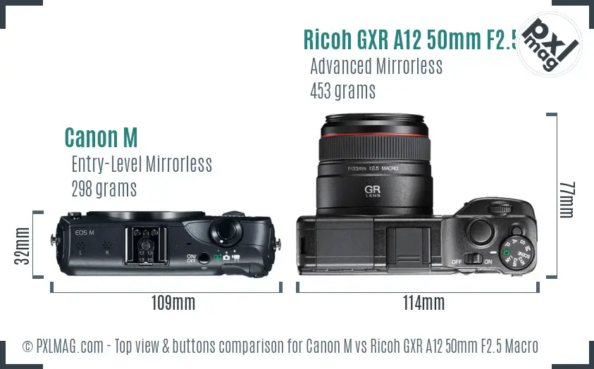 Canon M vs Ricoh GXR A12 50mm F2.5 Macro top view buttons comparison
