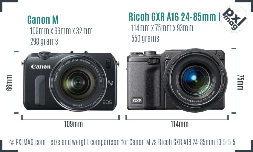 Canon M vs Ricoh GXR A16 24-85mm F3.5-5.5 size comparison Canon M vs Ricoh GXR A16 24-85mm F3.5-5.5 size comparison