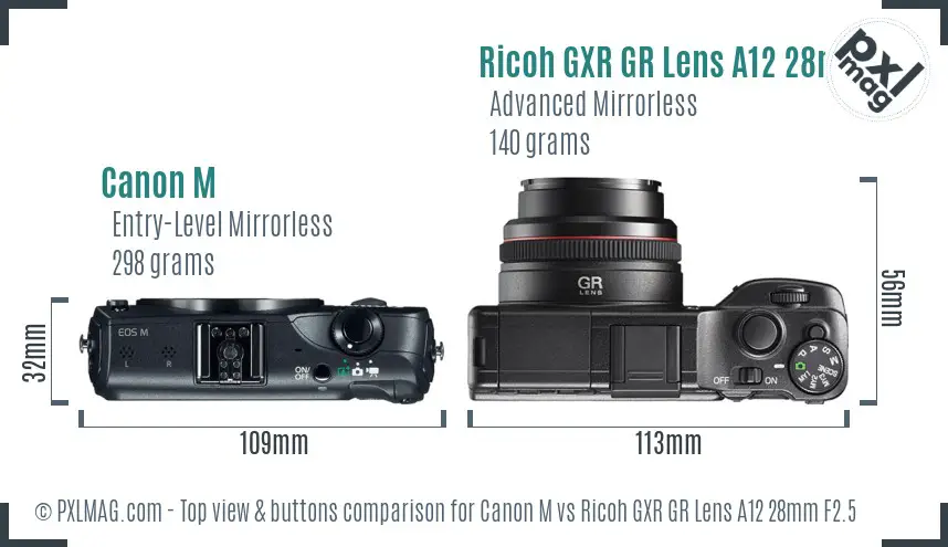 Canon M vs Ricoh GXR GR Lens A12 28mm F2.5 top view buttons comparison Canon M vs Ricoh GXR GR Lens A12 28mm F2.5 top view buttons comparison