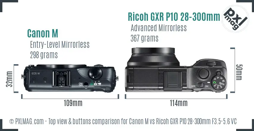 Canon M vs Ricoh GXR P10 28-300mm F3.5-5.6 VC top view buttons comparison