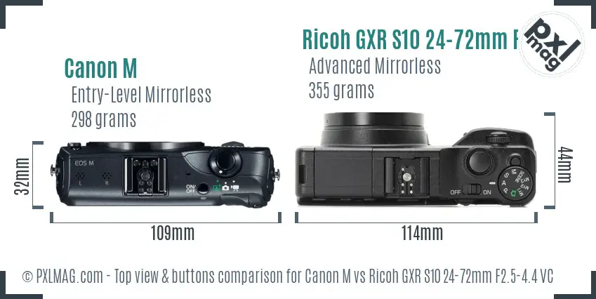 Canon M vs Ricoh GXR S10 24-72mm F2.5-4.4 VC top view buttons comparison