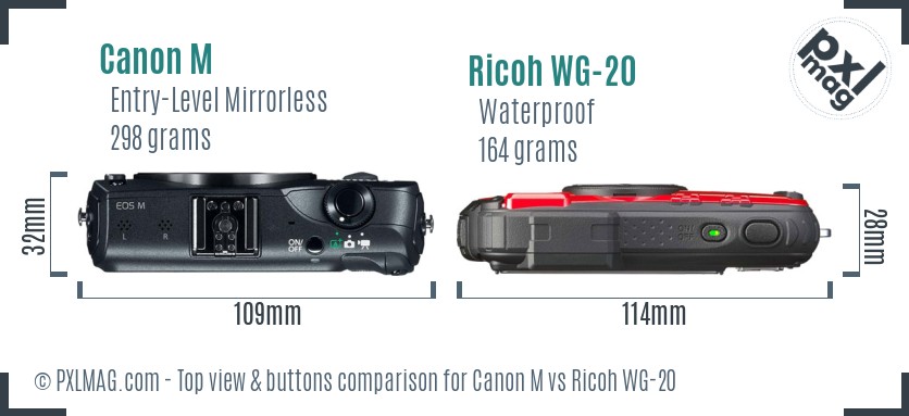 Canon M vs Ricoh WG-20 top view buttons comparison