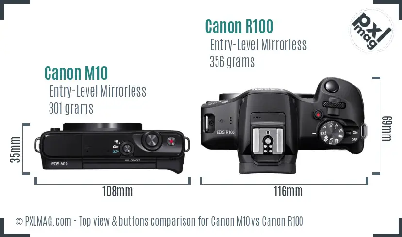 Canon M10 vs Canon R100 top view buttons comparison Canon M10 vs Canon R100 top view buttons comparison