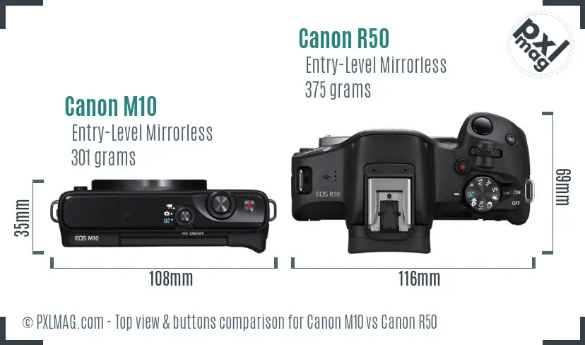 Canon M10 vs Canon R50 top view buttons comparison