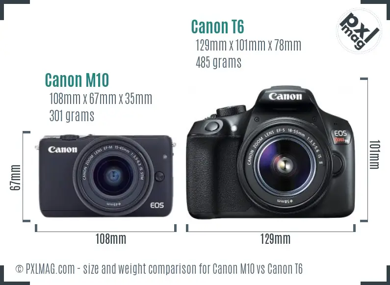 Canon M10 vs Canon T6 size comparison