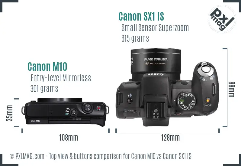 Canon M10 vs Canon SX1 IS top view buttons comparison