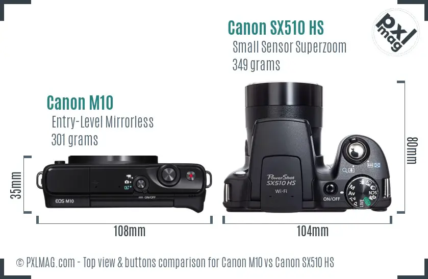 Canon M10 vs Canon SX510 HS top view buttons comparison Canon M10 vs Canon SX510 HS top view buttons comparison