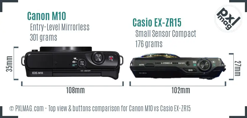 Canon M10 vs Casio EX-ZR15 top view buttons comparison