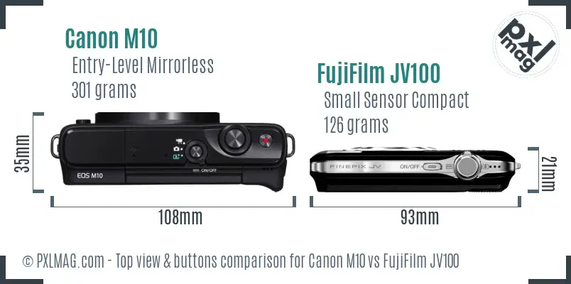 Canon M10 vs FujiFilm JV100 top view buttons comparison
