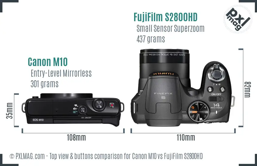 Canon M10 vs FujiFilm S2800HD top view buttons comparison