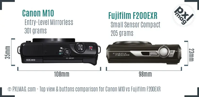 Canon M10 vs Fujifilm F200EXR top view buttons comparison Canon M10 vs Fujifilm F200EXR top view buttons comparison