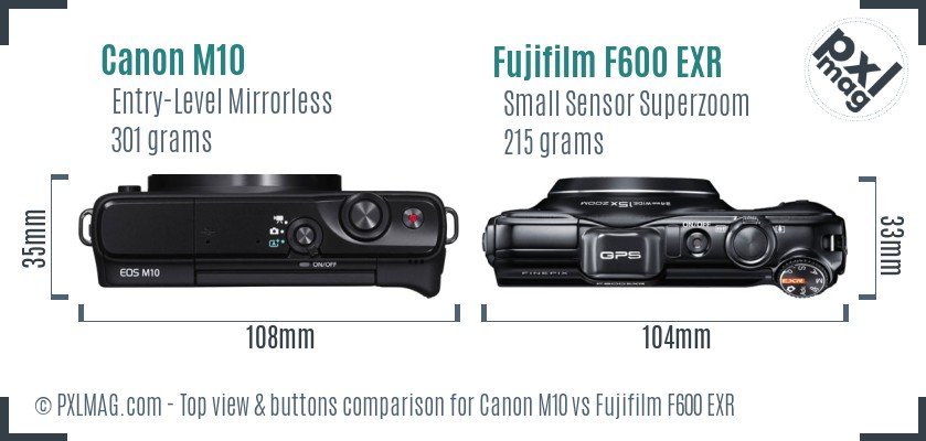 Canon M10 vs Fujifilm F600 EXR top view buttons comparison