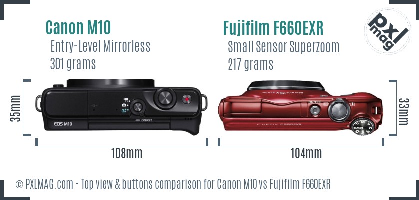 Canon M10 vs Fujifilm F660EXR top view buttons comparison