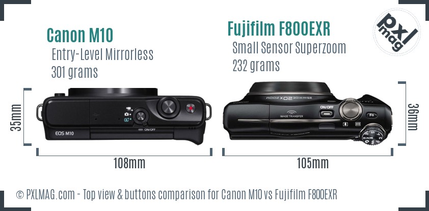 Canon M10 vs Fujifilm F800EXR top view buttons comparison