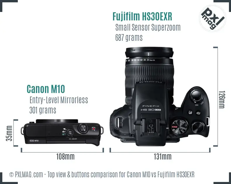 Canon M10 vs Fujifilm HS30EXR top view buttons comparison