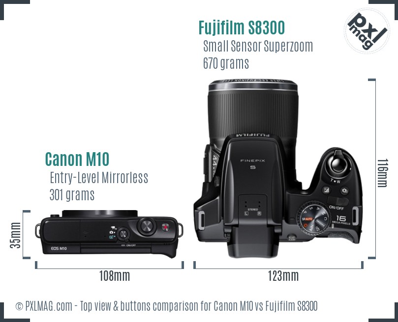 Canon M10 vs Fujifilm S8300 top view buttons comparison