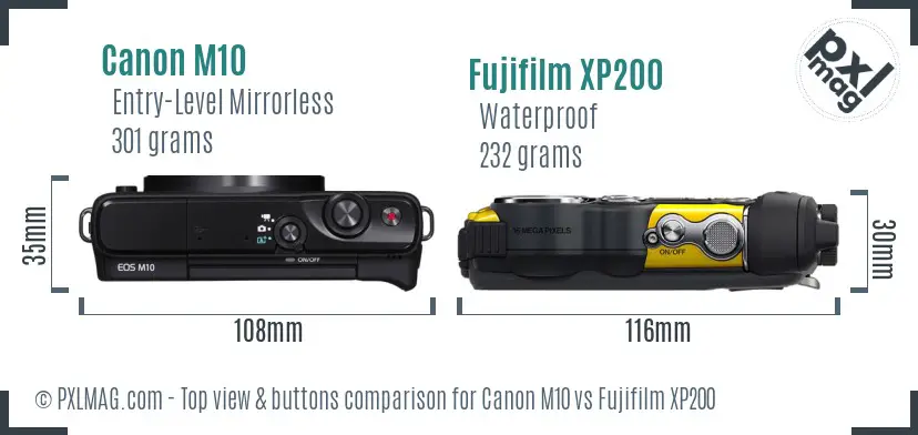 Canon M10 vs Fujifilm XP200 top view buttons comparison