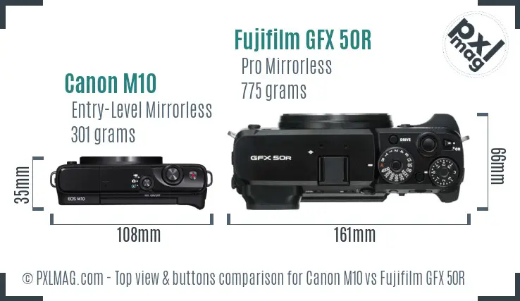 Canon M10 vs Fujifilm GFX 50R top view buttons comparison