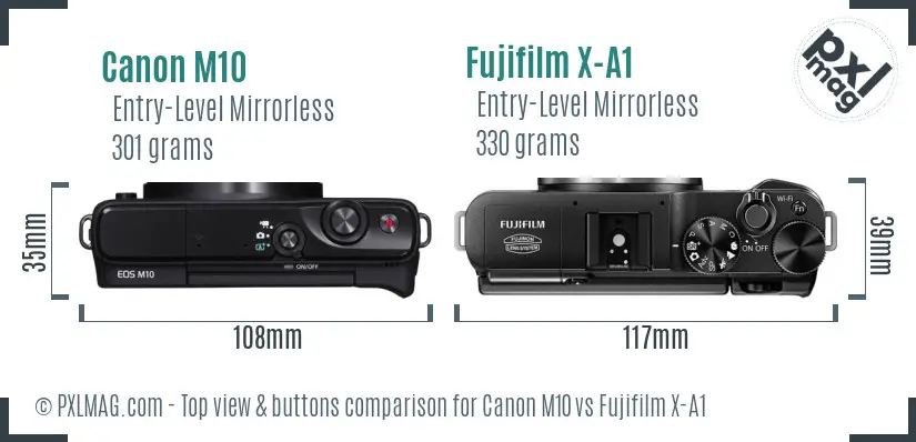 Canon M10 vs Fujifilm X-A1 top view buttons comparison