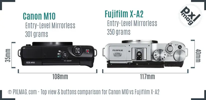 Canon M10 vs Fujifilm X-A2 top view buttons comparison