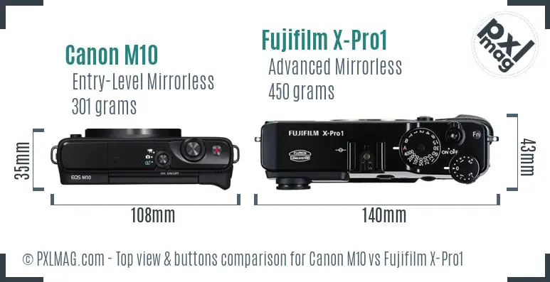 Canon M10 vs Fujifilm X-Pro1 top view buttons comparison
