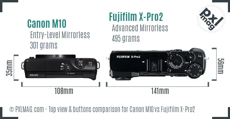 Canon M10 vs Fujifilm X-Pro2 top view buttons comparison Canon M10 vs Fujifilm X-Pro2 top view buttons comparison