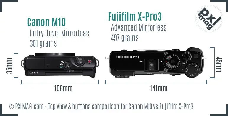 Canon M10 vs Fujifilm X-Pro3 top view buttons comparison Canon M10 vs Fujifilm X-Pro3 top view buttons comparison