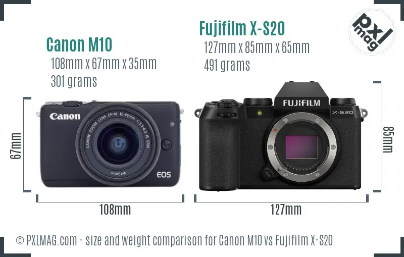 Canon M10 vs Fujifilm X-S20 size comparison