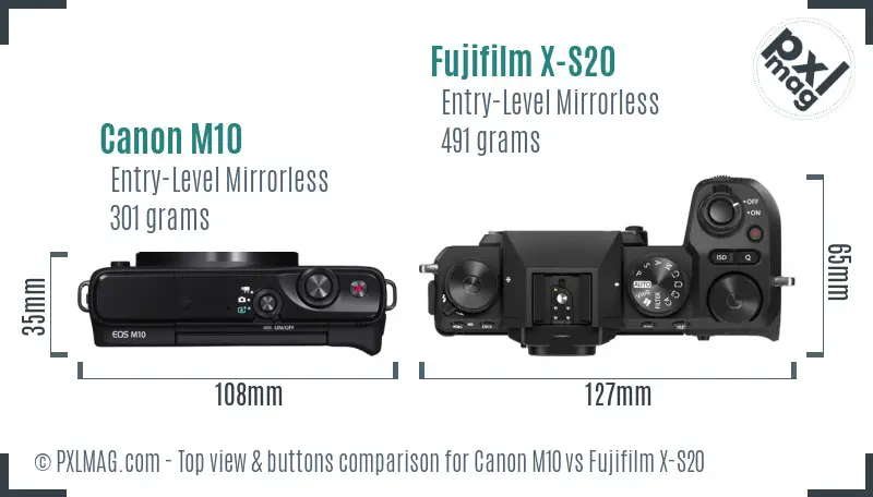 Canon M10 vs Fujifilm X-S20 top view buttons comparison
