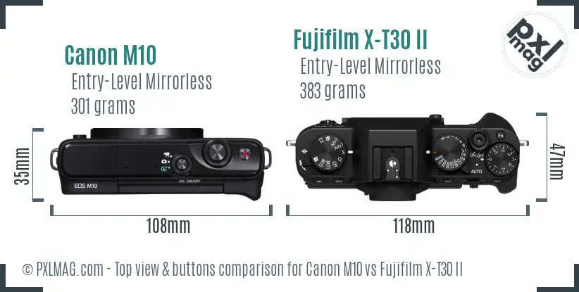 Canon M10 vs Fujifilm X-T30 II top view buttons comparison