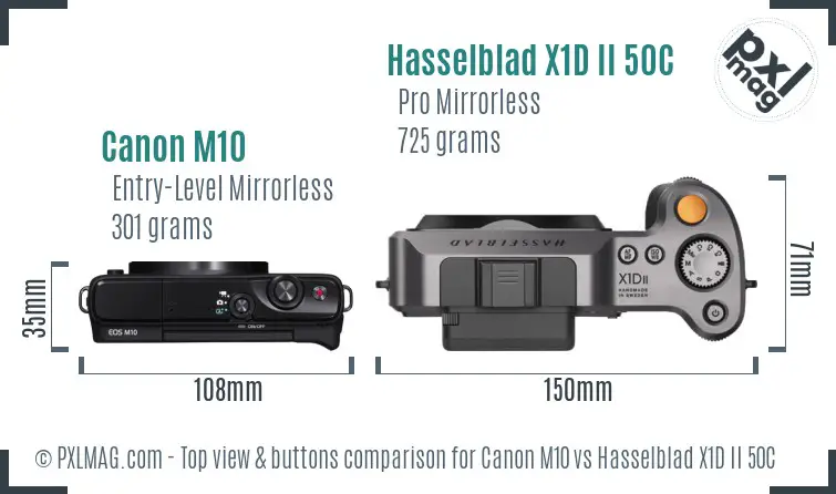 Canon M10 vs Hasselblad X1D II 50C top view buttons comparison Canon M10 vs Hasselblad X1D II 50C top view buttons comparison