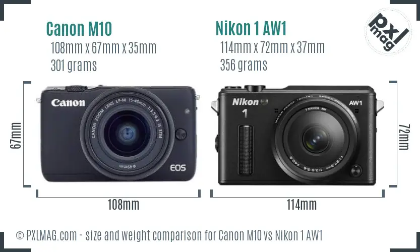 Canon M10 vs Nikon 1 AW1 size comparison