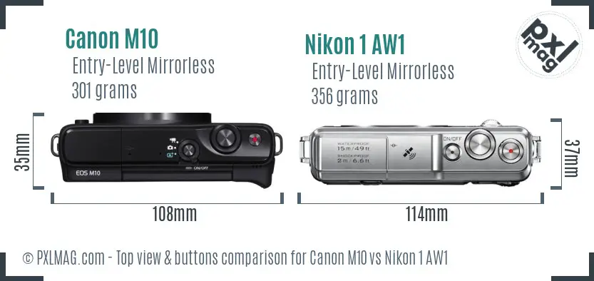 Canon M10 vs Nikon 1 AW1 top view buttons comparison