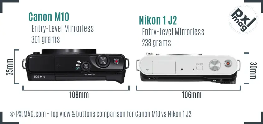Canon M10 vs Nikon 1 J2 top view buttons comparison